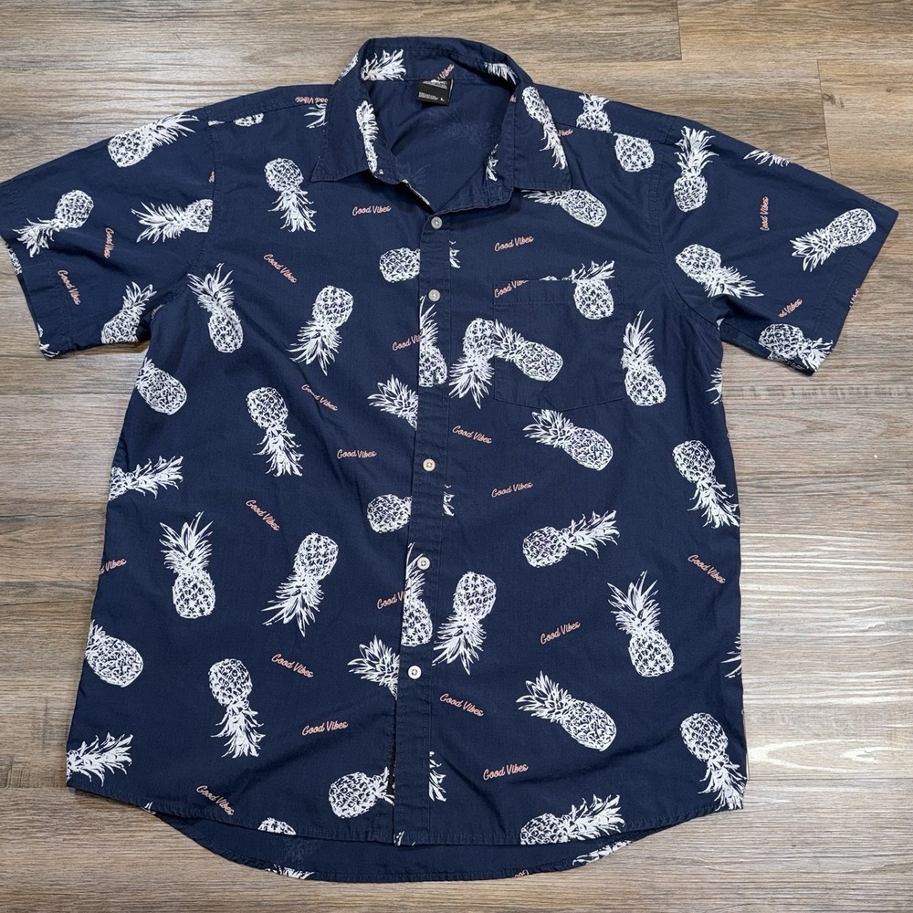 Fly Society Shirt Mens L Short Sleeve Blue Botton-Up Pineapple Print Good Vibes